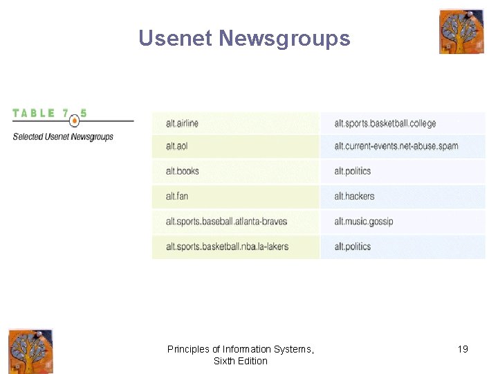 Usenet Newsgroups Principles of Information Systems, Sixth Edition 19 