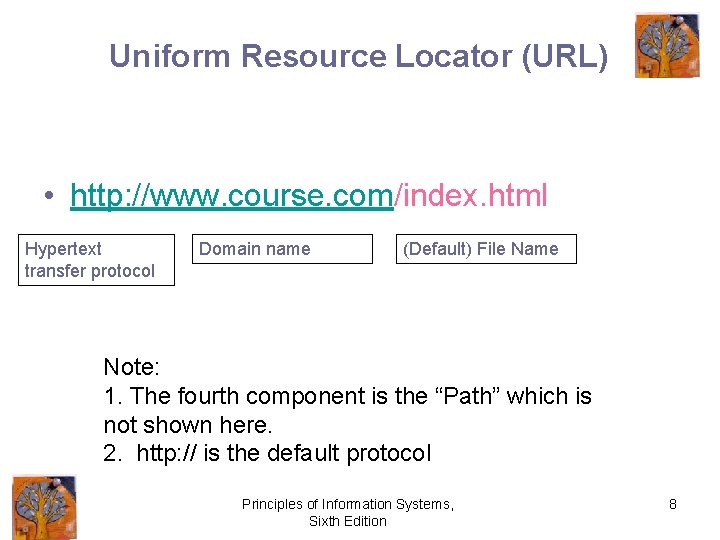 Uniform Resource Locator (URL) • http: //www. course. com/index. html Hypertext transfer protocol Domain