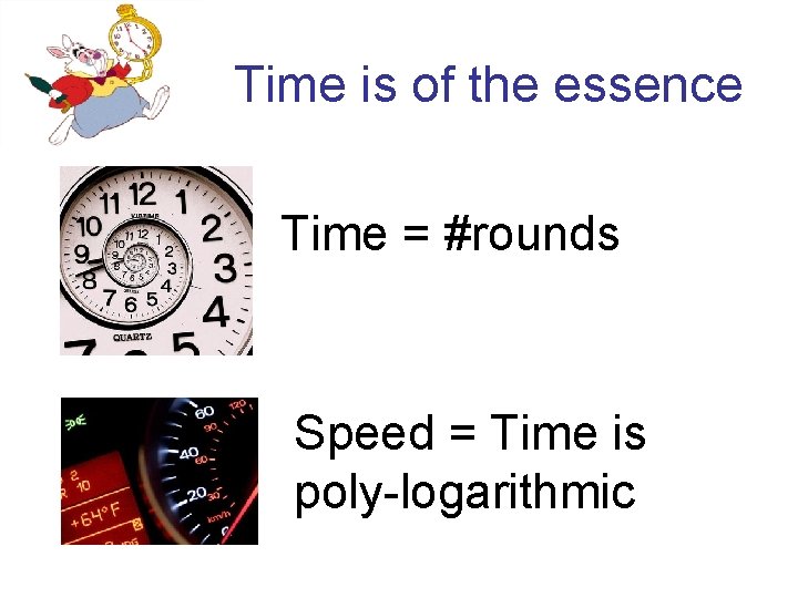 Time is of the essence Time = #rounds Speed = Time is poly-logarithmic 