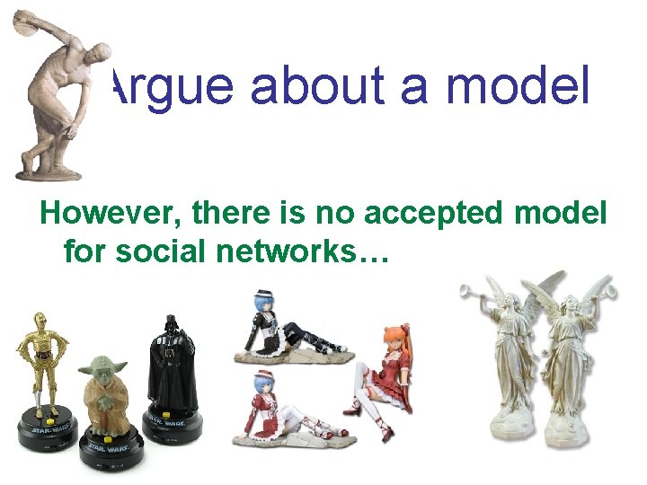 Argue about a model However, there is no accepted model for social networks… 