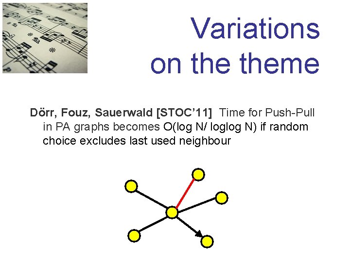 Variations on theme Dörr, Fouz, Sauerwald [STOC’ 11] Time for Push-Pull in PA graphs