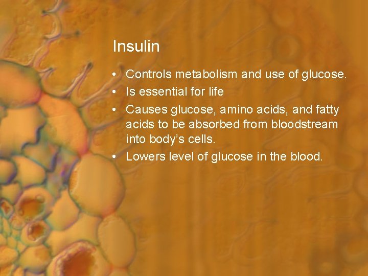 Insulin • Controls metabolism and use of glucose. • Is essential for life •