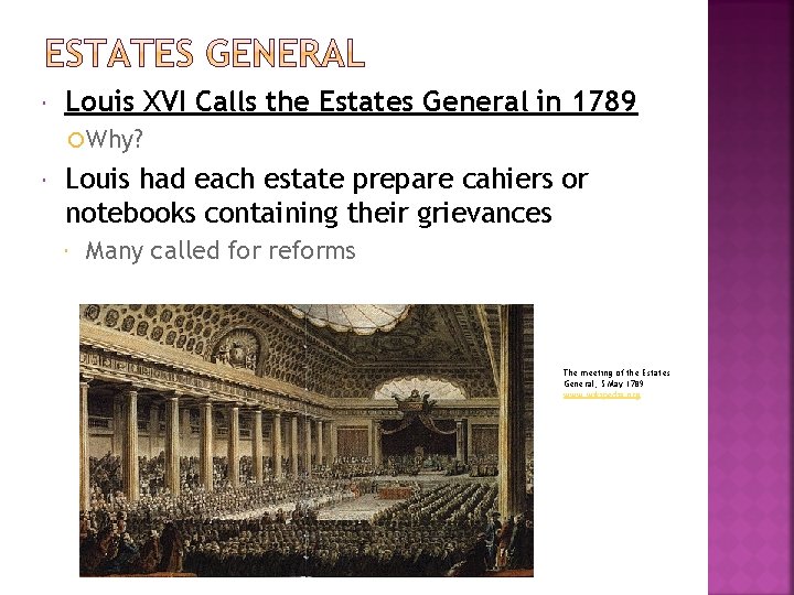  Louis XVI Calls the Estates General in 1789 Why? Louis had each estate