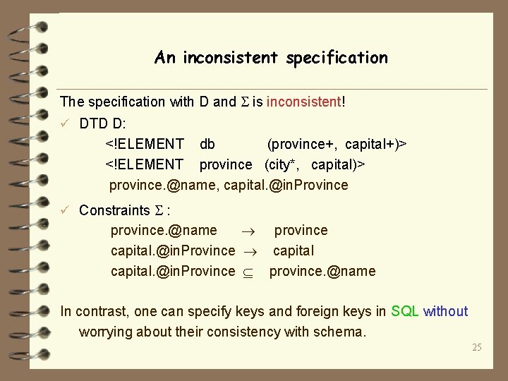 An inconsistent specification The specification with D and is inconsistent! ü DTD D: <!ELEMENT