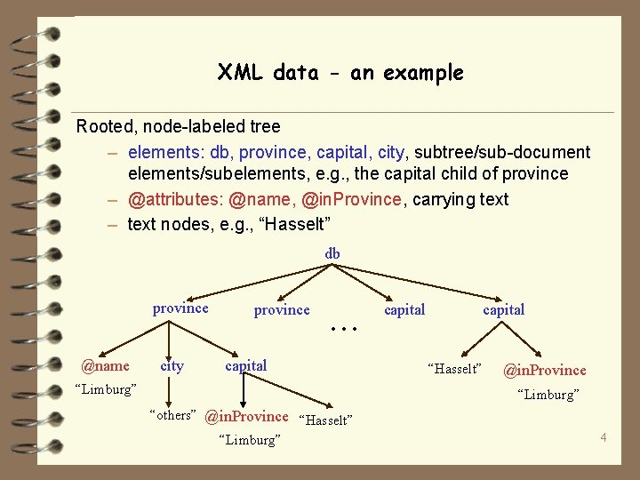 XML data - an example Rooted, node-labeled tree – elements: db, province, capital, city,