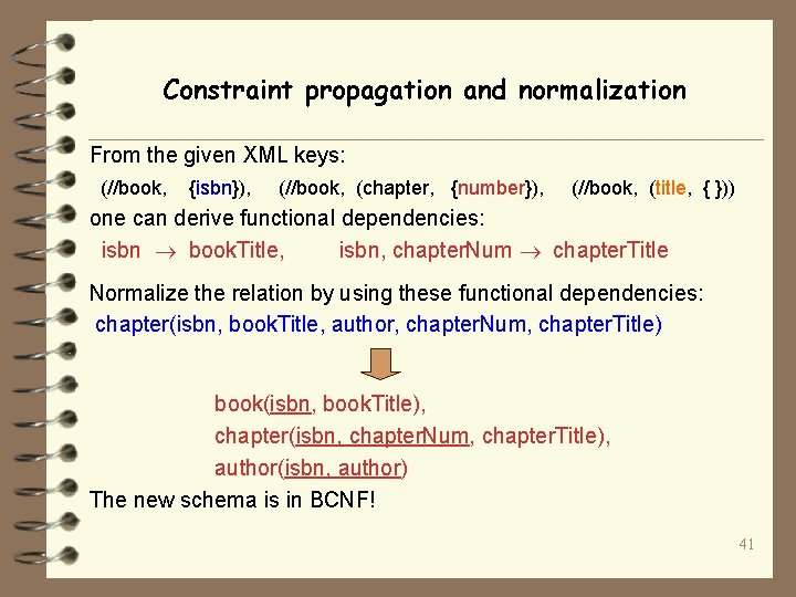 Constraint propagation and normalization From the given XML keys: (//book, {isbn}), (//book, (chapter, {number}),