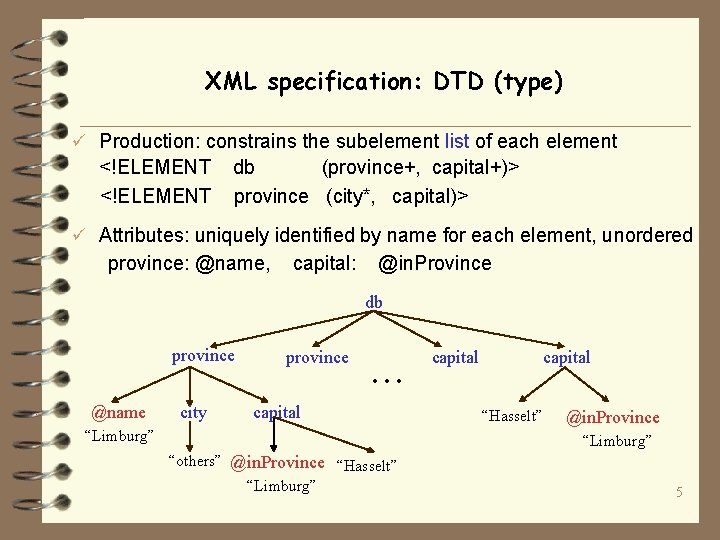 XML specification: DTD (type) ü Production: constrains the subelement list of each element <!ELEMENT