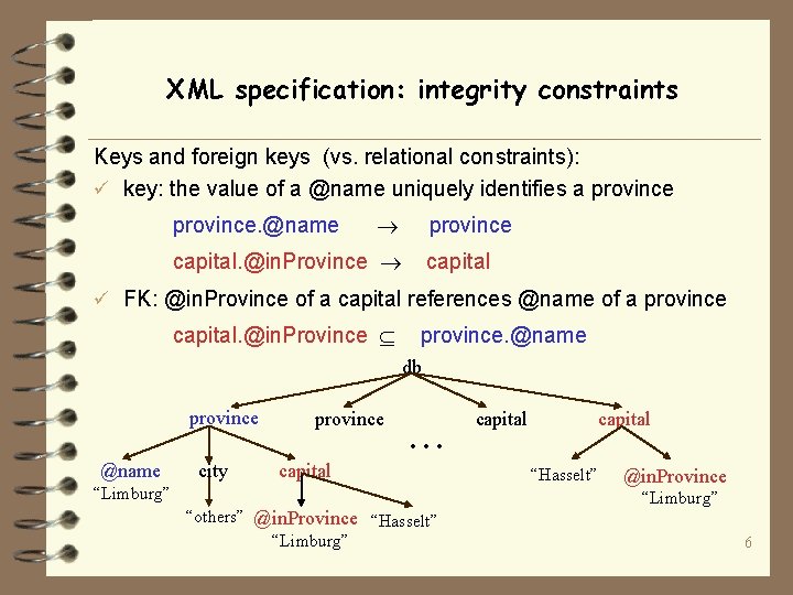 XML specification: integrity constraints Keys and foreign keys (vs. relational constraints): ü key: the