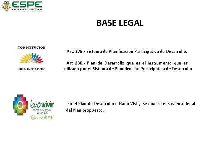 BASE LEGAL Art. 279. - Sistema de Planificación Participativa de Desarrollo. Art 280. -