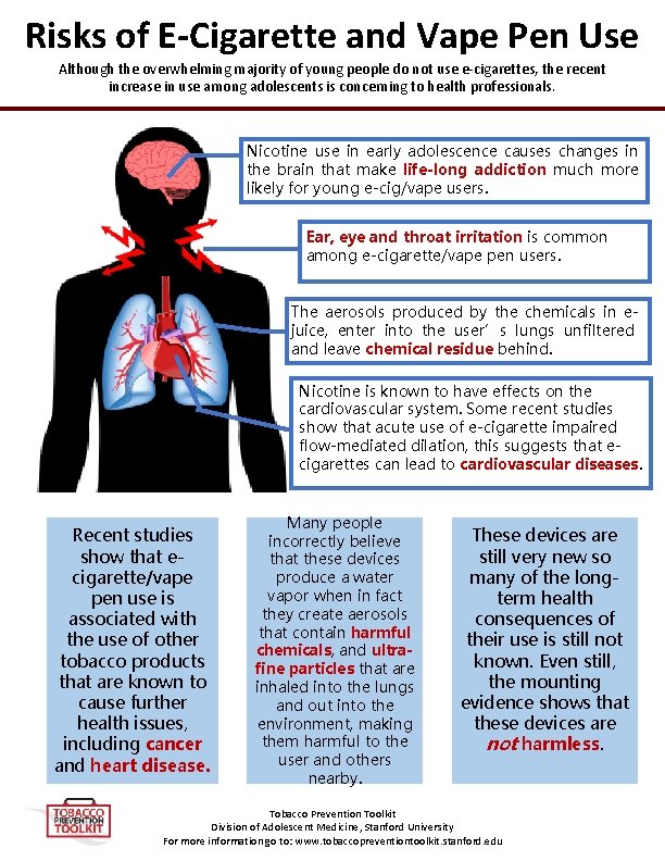 Risks of E-Cigarette and Vape Pen Use Although the overwhelming majority of young people