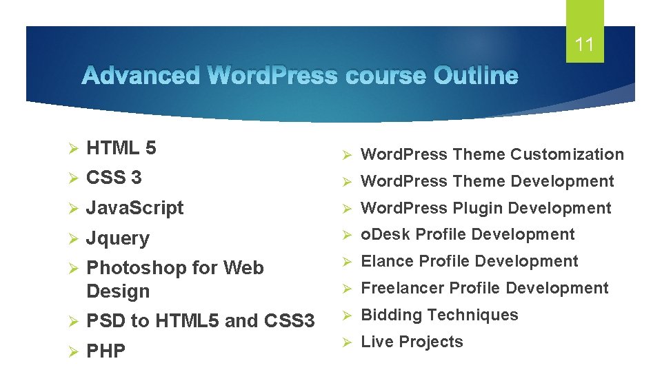 11 Advanced Word. Press course Outline Ø HTML 5 Ø Word. Press Theme Customization