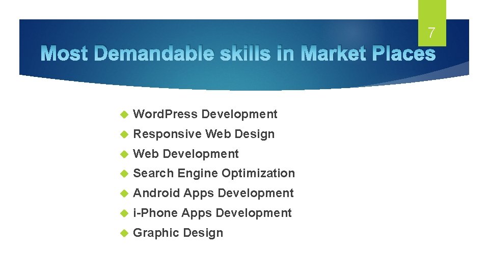 7 Most Demandable skills in Market Places Word. Press Development Responsive Web Design Web