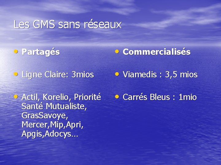 Les GMS sans réseaux • Partagés • Commercialisés • Ligne Claire: 3 mios •