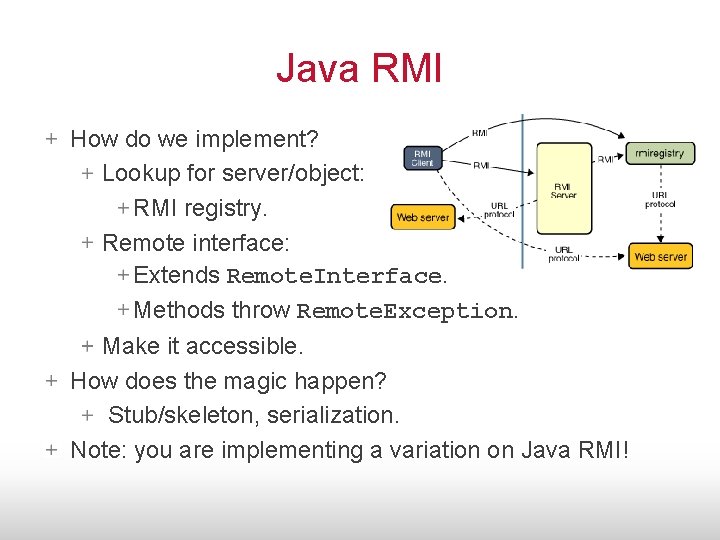 Java RMI How do we implement? Lookup for server/object: RMI registry. Remote interface: Extends