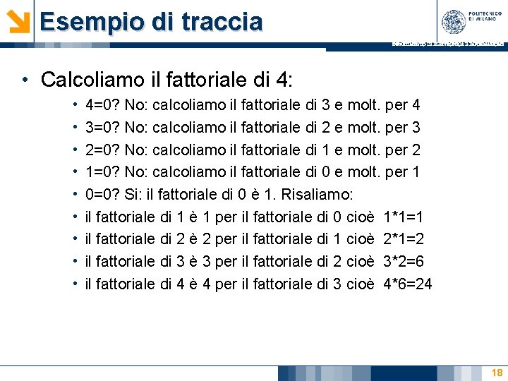 Esempio di traccia DIPARTIMENTO DI ELETTRONICA E INFORMAZIONE • Calcoliamo il fattoriale di 4: Esempio di traccia DIPARTIMENTO DI ELETTRONICA E INFORMAZIONE • Calcoliamo il fattoriale di 4: