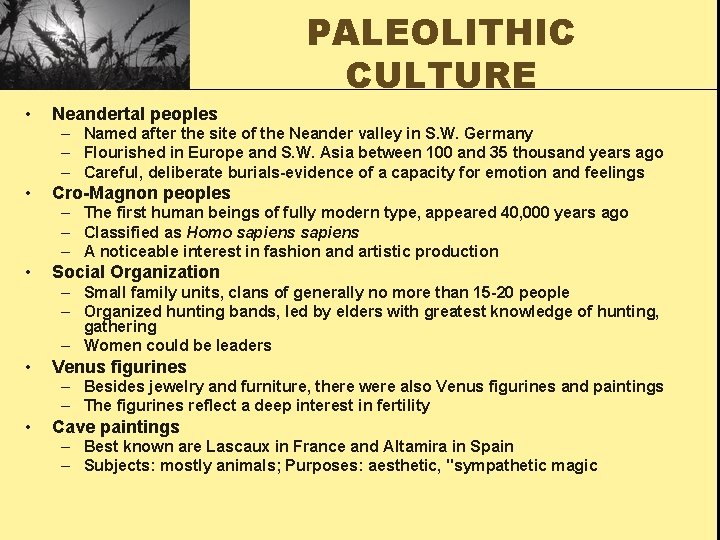 PALEOLITHIC CULTURE • Neandertal peoples – Named after the site of the Neander valley