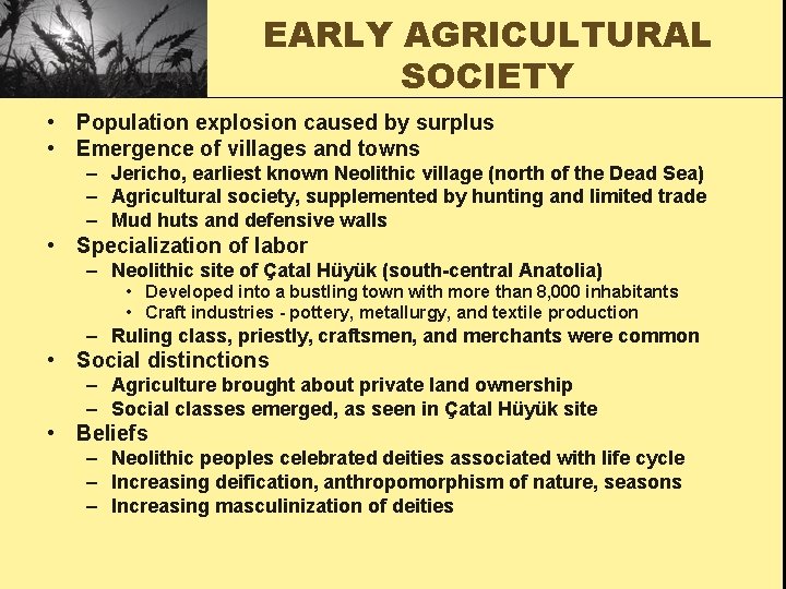 EARLY AGRICULTURAL SOCIETY • Population explosion caused by surplus • Emergence of villages and