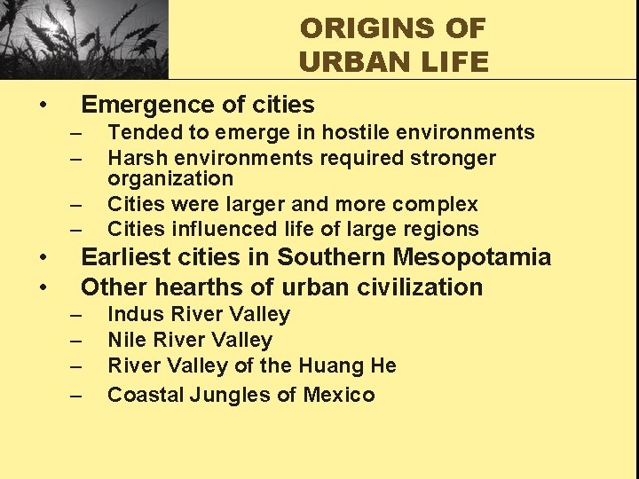 ORIGINS OF URBAN LIFE • Emergence of cities – – • • Tended to