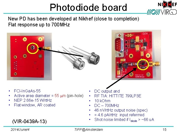 Photodiode board New PD has been developed at Nikhef (close to completion) Flat response