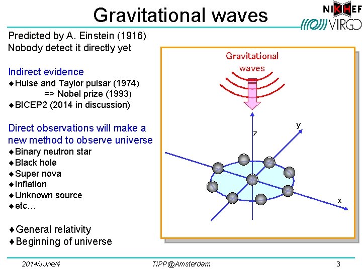 Gravitational waves Predicted by A. Einstein (1916) Nobody detect it directly yet Gravitational waves