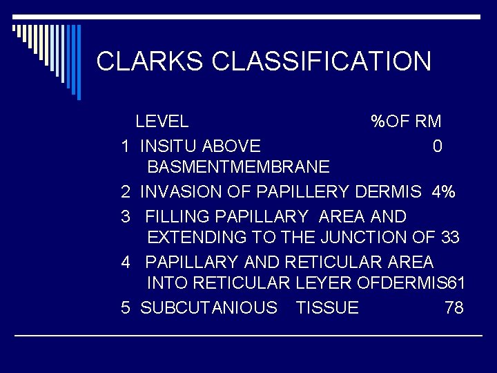 CLARKS CLASSIFICATION LEVEL %OF RM 1 INSITU ABOVE 0 BASMENTMEMBRANE 2 INVASION OF PAPILLERY