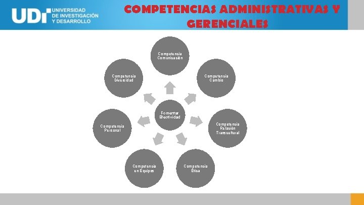 COMPETENCIAS ADMINISTRATIVAS Y GERENCIALES Competencia Comunicación Competencia Diversidad Competencia Cambio Fomentar Efectividad Competencia Relación
