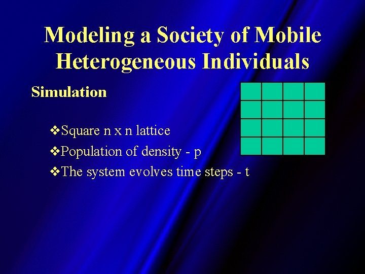 Modeling a Society of Mobile Heterogeneous Individuals Simulation v. Square n x n lattice