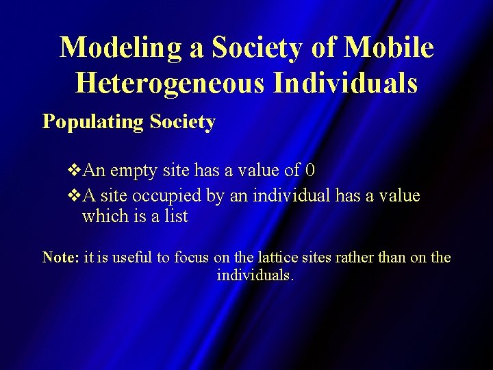 Modeling a Society of Mobile Heterogeneous Individuals Populating Society v. An empty site has