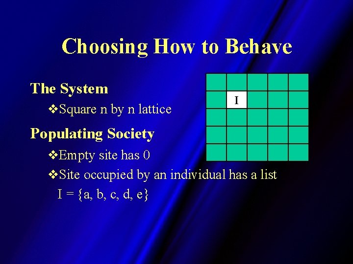 Choosing How to Behave The System v. Square n by n lattice I Populating