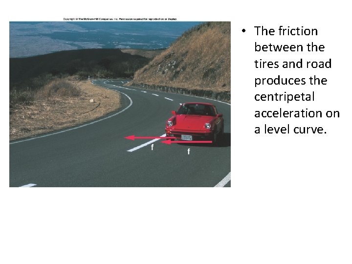  • The friction between the tires and road produces the centripetal acceleration on