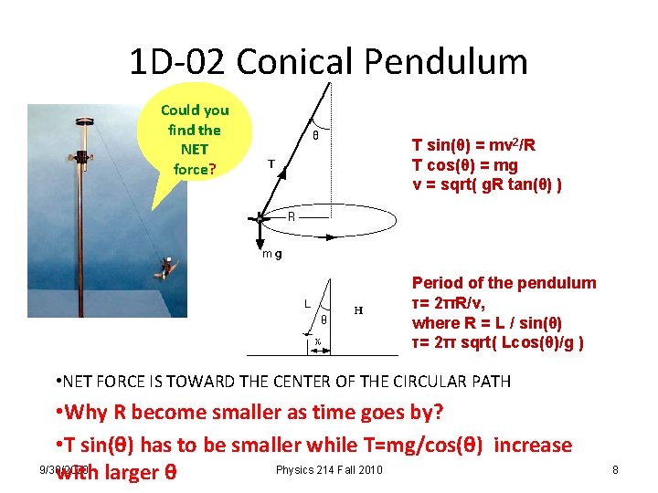 1 D-02 Conical Pendulum Could you find the NET force? T sin(θ) = mv