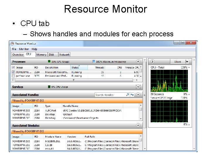 Resource Monitor • CPU tab – Shows handles and modules for each process 