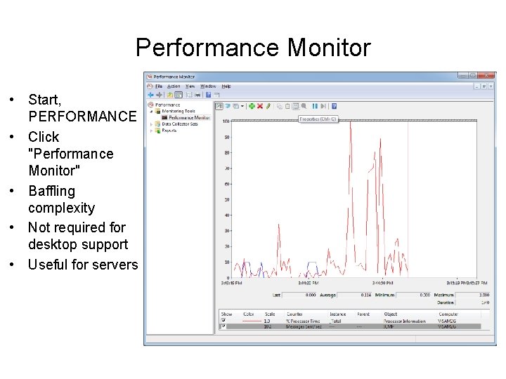 Performance Monitor • Start, PERFORMANCE • Click "Performance Monitor" • Baffling complexity • Not