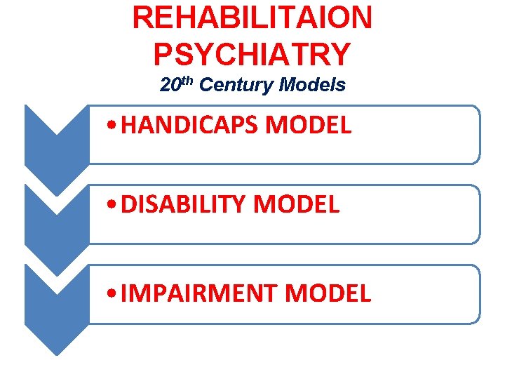 REHABILITAION PSYCHIATRY 20 th Century Models • HANDICAPS MODEL • DISABILITY MODEL • IMPAIRMENT