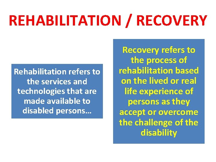 REHABILITATION / RECOVERY Rehabilitation refers to the services and technologies that are made available