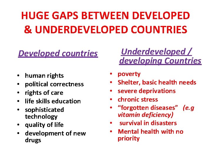 HUGE GAPS BETWEEN DEVELOPED & UNDERDEVELOPED COUNTRIES Underdeveloped / developing Countries Developed countries human