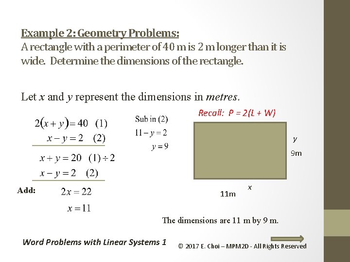 Example 2: Geometry Problems: A rectangle with a perimeter of 40 m is 2