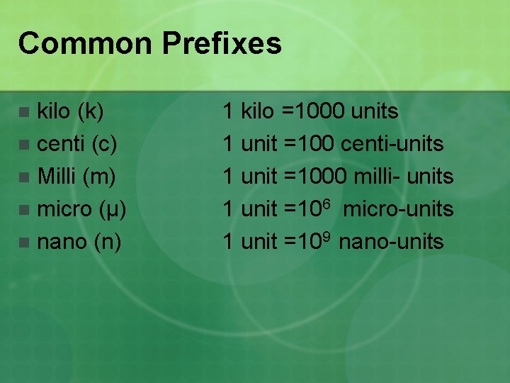 Common Prefixes kilo (k) n centi (c) n Milli (m) n micro (µ) n
