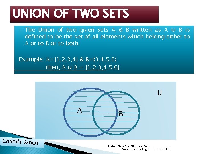 UNION OF TWO SETS � The Union of two given sets A & B