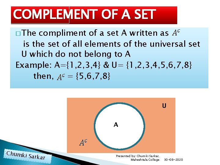 COMPLEMENT OF A SET � The compliment of a set A written as is