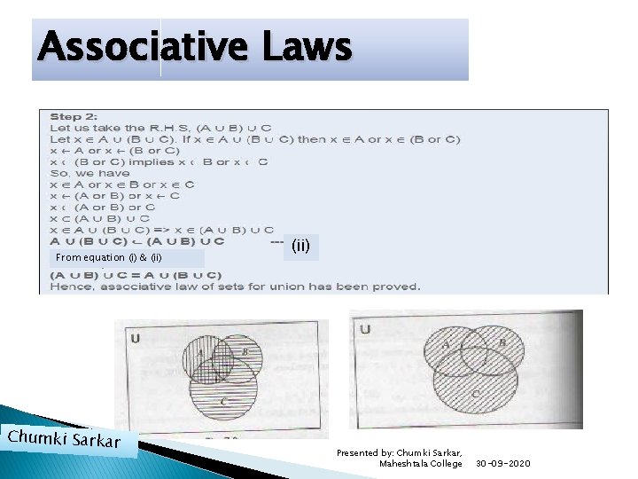 Associative Laws From equation (i) & (ii) Chumki Sarkar (ii) Presented by: Chumki Sarkar,