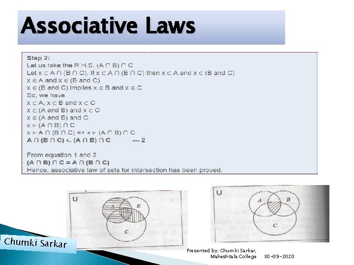 Associative Laws Chumki Sarkar Presented by: Chumki Sarkar, Maheshtala College 30 -09 -2020 