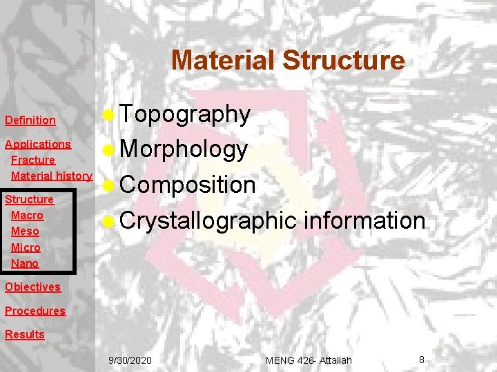 Material Structure Definition Applications Fracture Material history Structure Macro Meso Micro Nano ® Topography Material Structure Definition Applications Fracture Material history Structure Macro Meso Micro Nano ® Topography