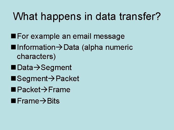 What happens in data transfer? n For example an email message n Information Data