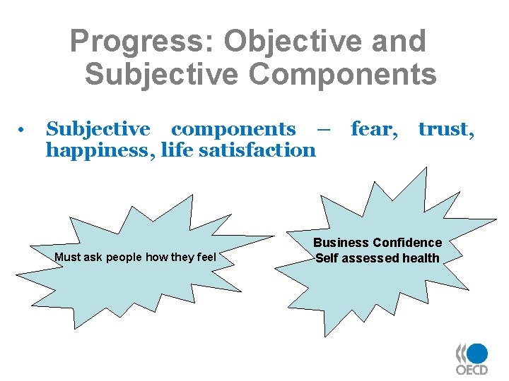 Progress: Objective and Subjective Components • Subjective components – happiness, life satisfaction Must ask