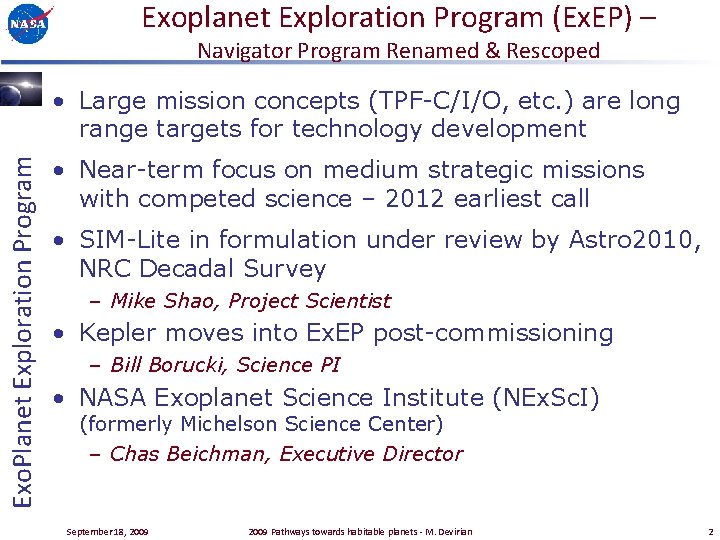 Exoplanet Exploration Program (Ex. EP) – Navigator Program Renamed & Rescoped Navigator Program Prime