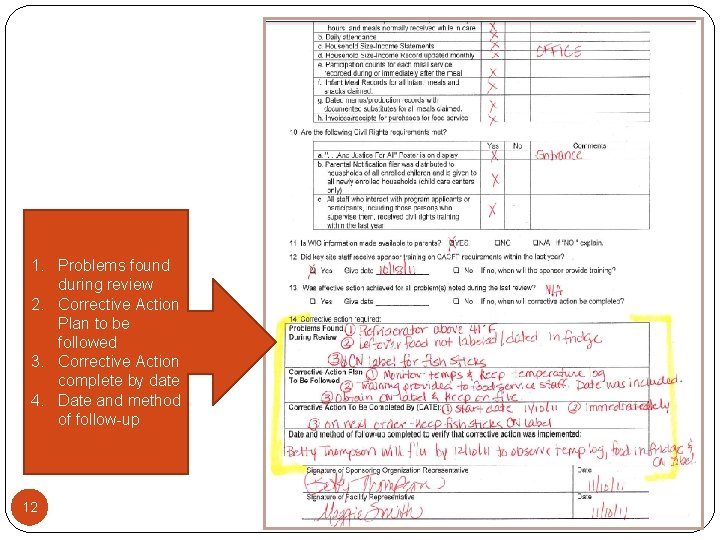 1. Problems found during review 2. Corrective Action Plan to be followed 3. Corrective