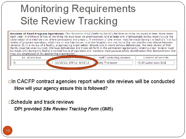 Monitoring Requirements Site Review Tracking �In CACFP contract agencies report when site reviews will