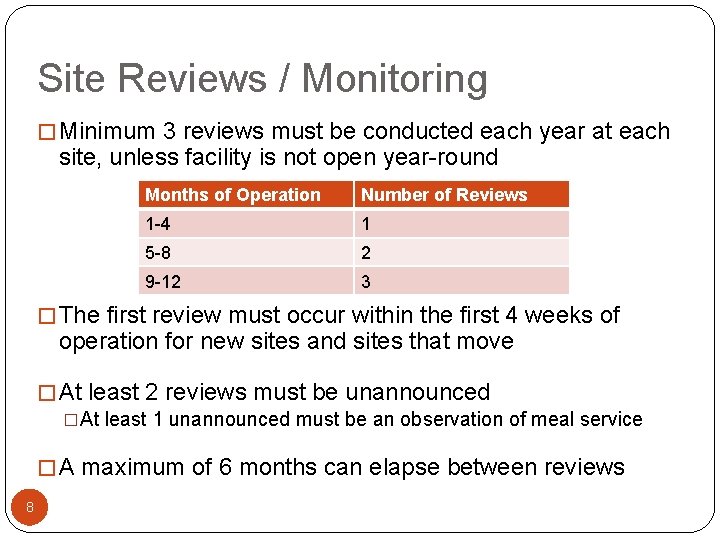 Site Reviews / Monitoring � Minimum 3 reviews must be conducted each year at