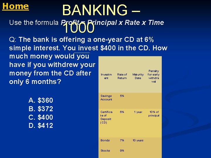 Home BANKING – Use the formula Profit = Principal x Rate x Time 1000